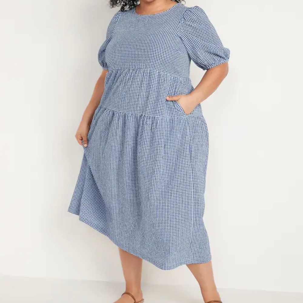 Old Navy Tiered Puff-Sleeve Midi Swing Dress in blue gingham. Size XXL.